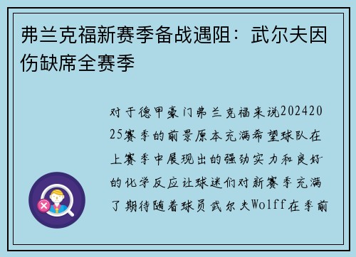 弗兰克福新赛季备战遇阻：武尔夫因伤缺席全赛季