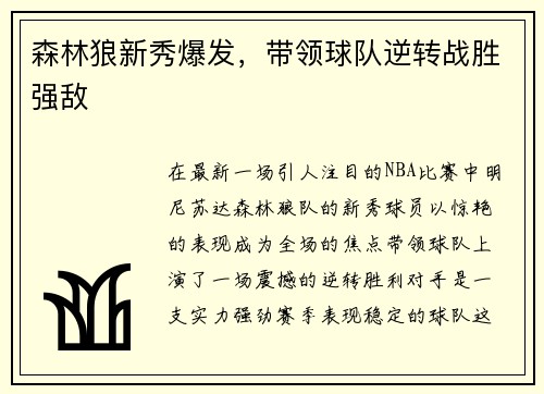 森林狼新秀爆发，带领球队逆转战胜强敌