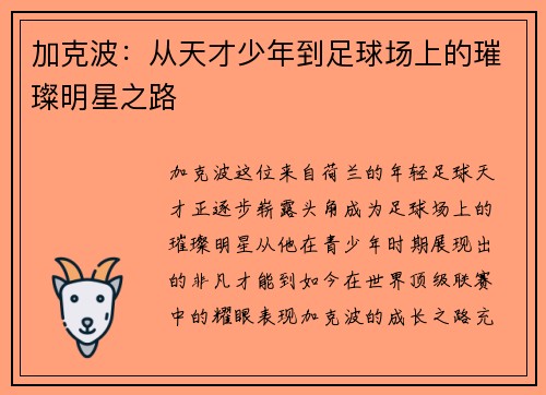 加克波：从天才少年到足球场上的璀璨明星之路