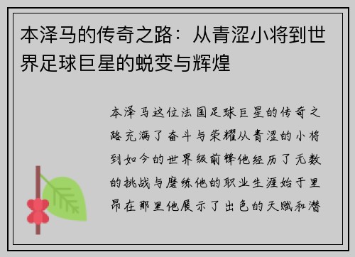 本泽马的传奇之路：从青涩小将到世界足球巨星的蜕变与辉煌