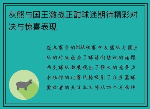 灰熊与国王激战正酣球迷期待精彩对决与惊喜表现