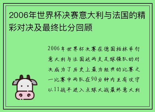 2006年世界杯决赛意大利与法国的精彩对决及最终比分回顾