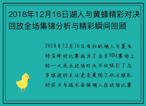 2018年12月16日湖人与黄蜂精彩对决回放全场集锦分析与精彩瞬间回顾