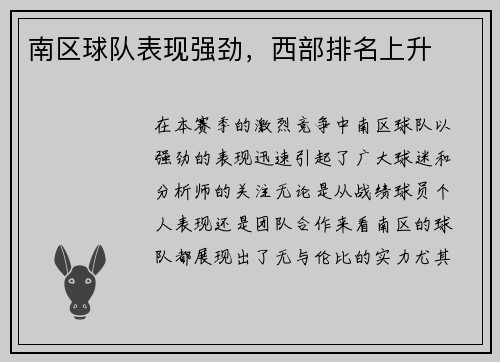 南区球队表现强劲，西部排名上升