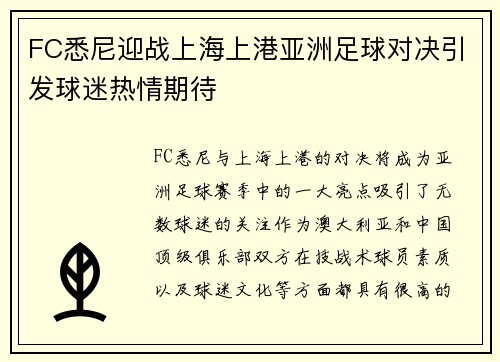 FC悉尼迎战上海上港亚洲足球对决引发球迷热情期待