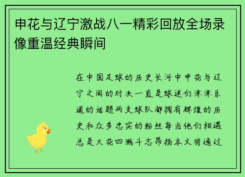 申花与辽宁激战八一精彩回放全场录像重温经典瞬间