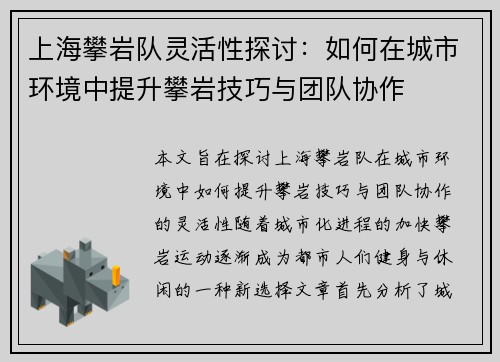 上海攀岩队灵活性探讨：如何在城市环境中提升攀岩技巧与团队协作