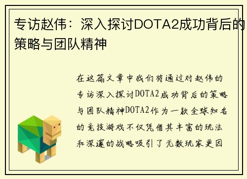 专访赵伟：深入探讨DOTA2成功背后的策略与团队精神