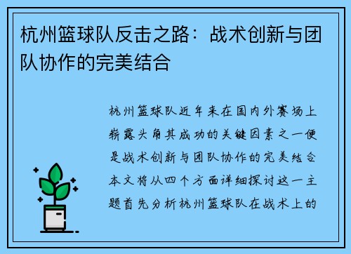 杭州篮球队反击之路：战术创新与团队协作的完美结合