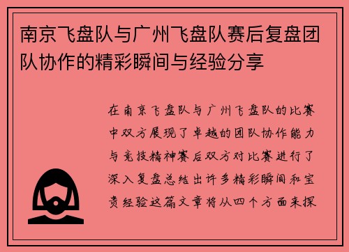 南京飞盘队与广州飞盘队赛后复盘团队协作的精彩瞬间与经验分享